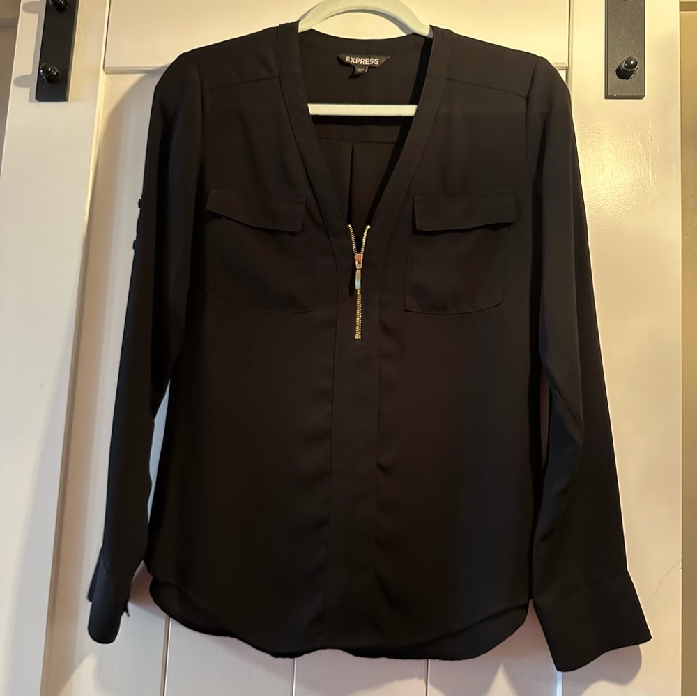 Express black zipper front LS top.